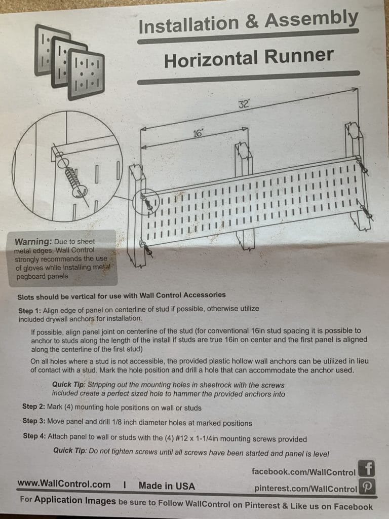 WallControl Pegboard Installation Instructions Top Page