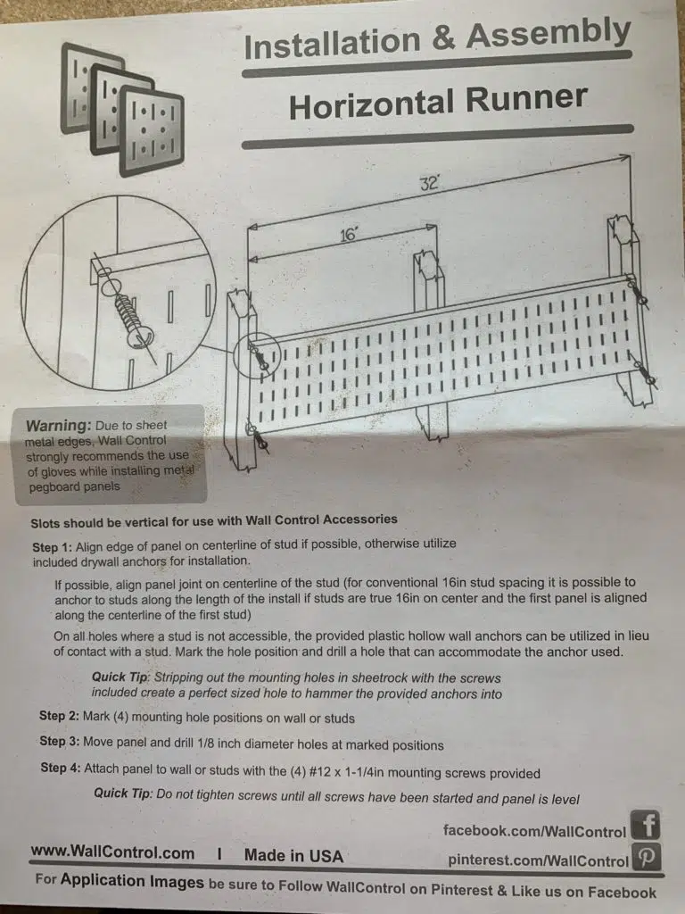 WallControl Pegboard Installation Instructions Top Page