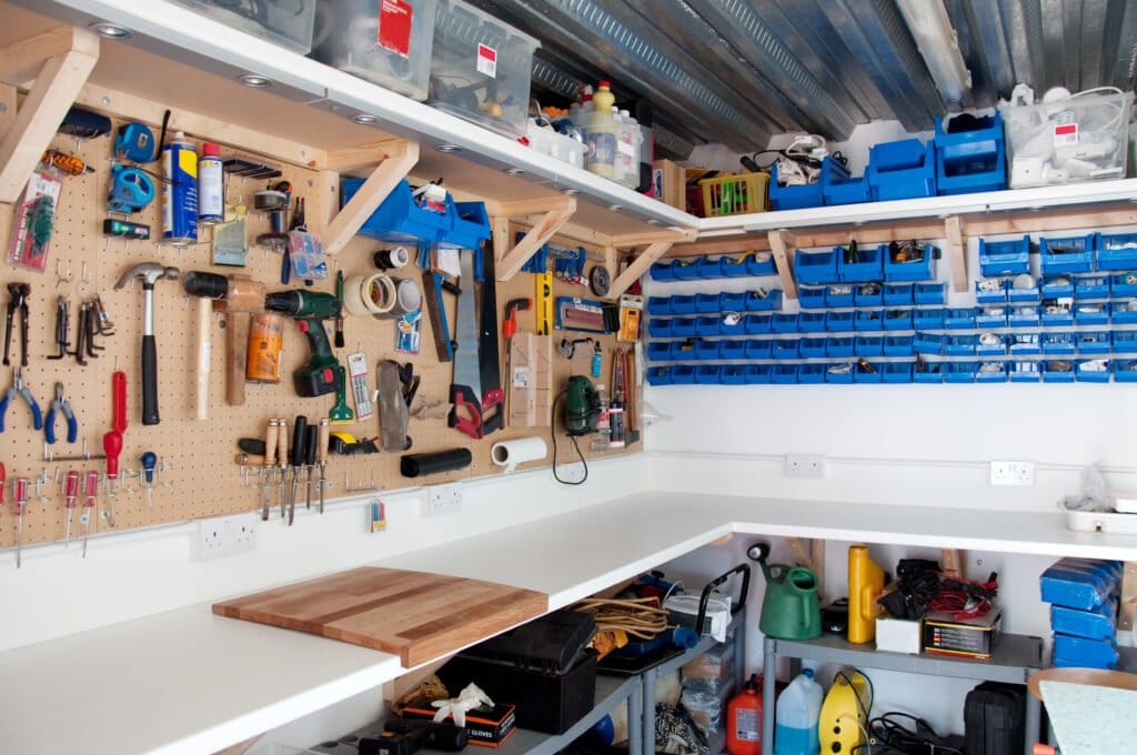Organized Workbench Overhead Shelf Storage