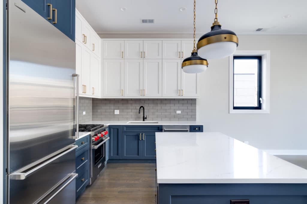 Modern Cabinet Handles Gold on White and Blue Cabinets